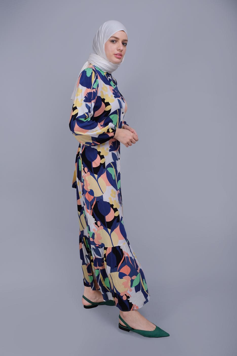 Tesettür giyim LACİVERT BOYDAN DÜĞMELİ DESENLİ ELBİSE 8512 