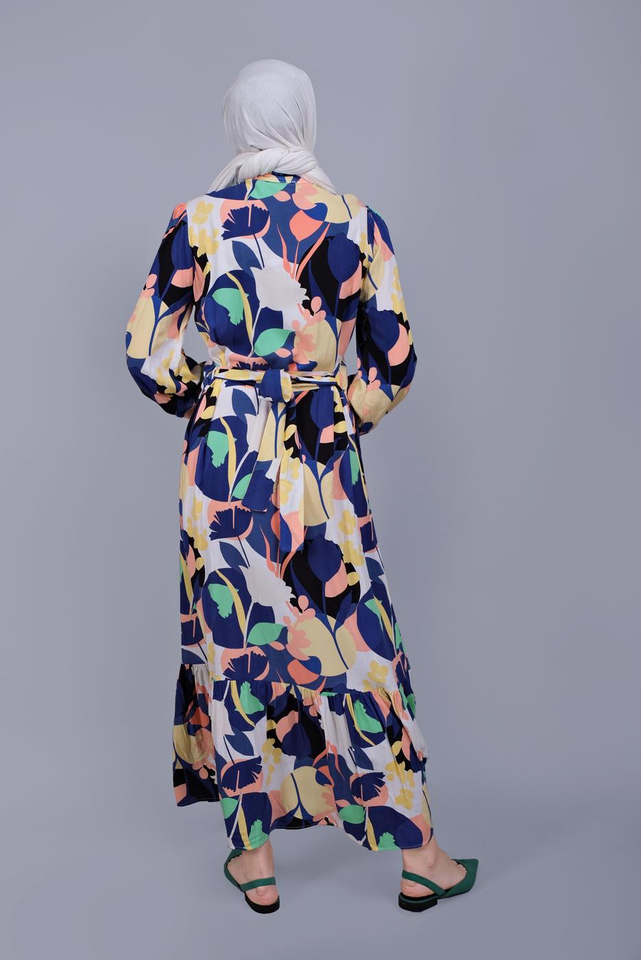 Tesettür giyim LACİVERT BOYDAN DÜĞMELİ DESENLİ ELBİSE 8512 