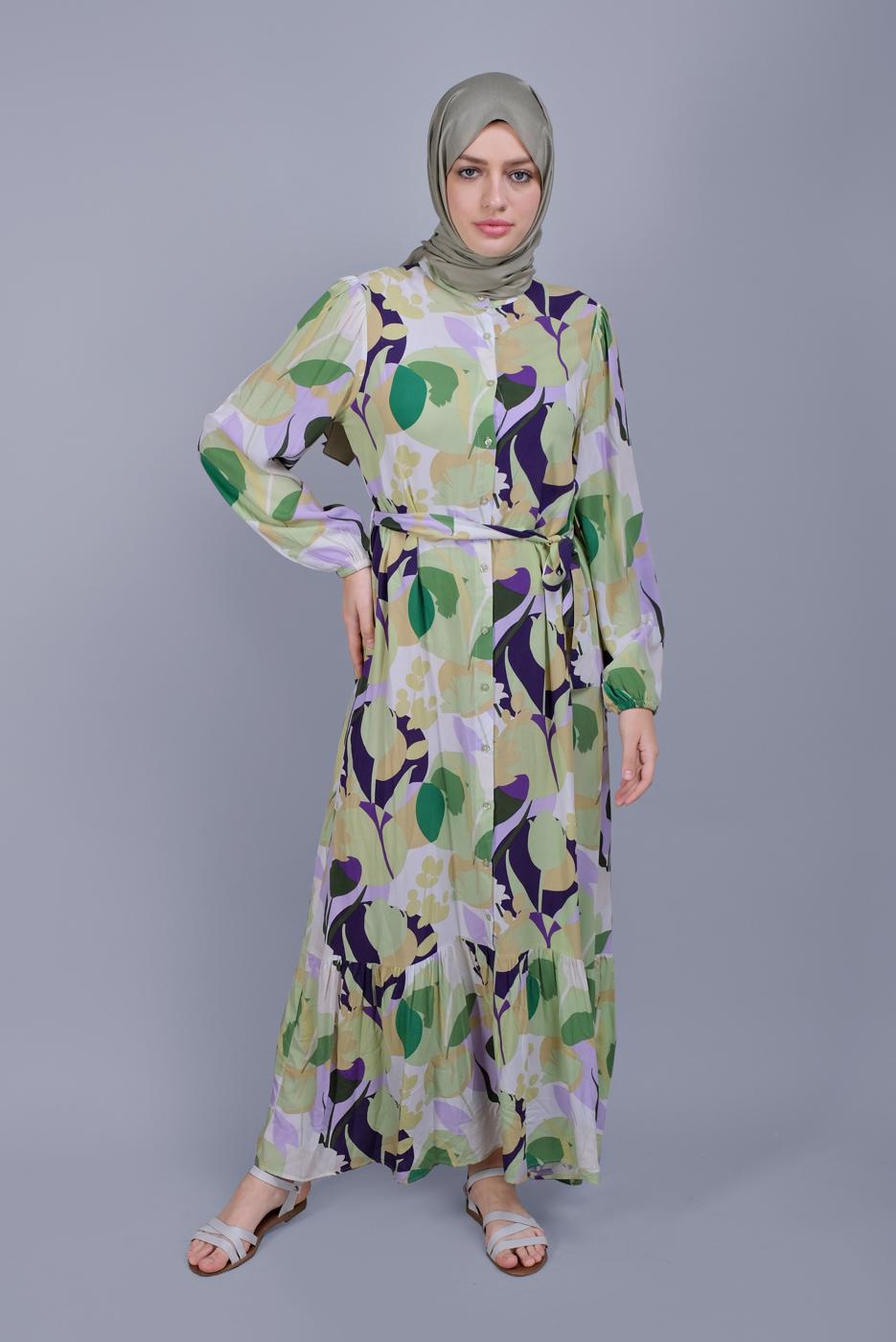 Tesettür giyim YEŞİL BOYDAN DÜĞMELİ DESENLİ ELBİSE 8512 