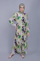 Tesettür giyim YEŞİL BOYDAN DÜĞMELİ DESENLİ ELBİSE 8512 