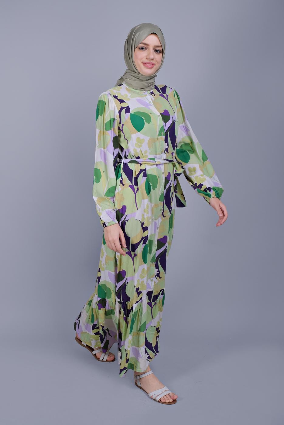 Tesettür giyim YEŞİL BOYDAN DÜĞMELİ DESENLİ ELBİSE 8512 