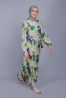 Tesettür giyim YEŞİL BOYDAN DÜĞMELİ DESENLİ ELBİSE 8512 