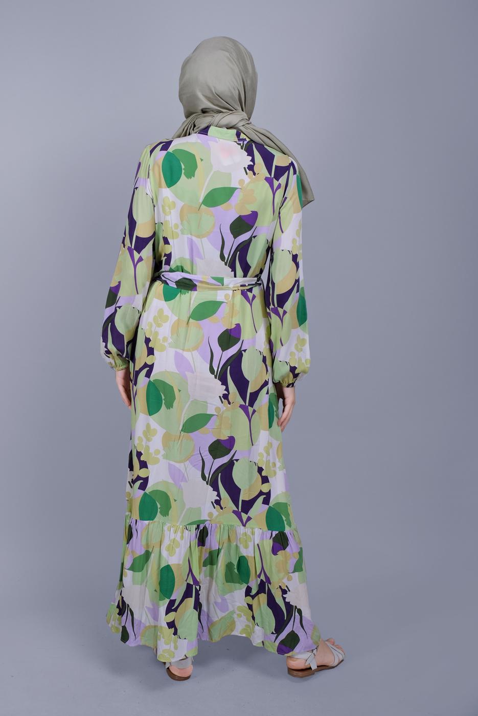 Tesettür giyim YEŞİL BOYDAN DÜĞMELİ DESENLİ ELBİSE 8512 