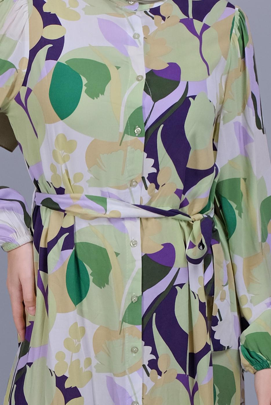 Tesettür giyim YEŞİL BOYDAN DÜĞMELİ DESENLİ ELBİSE 8512 