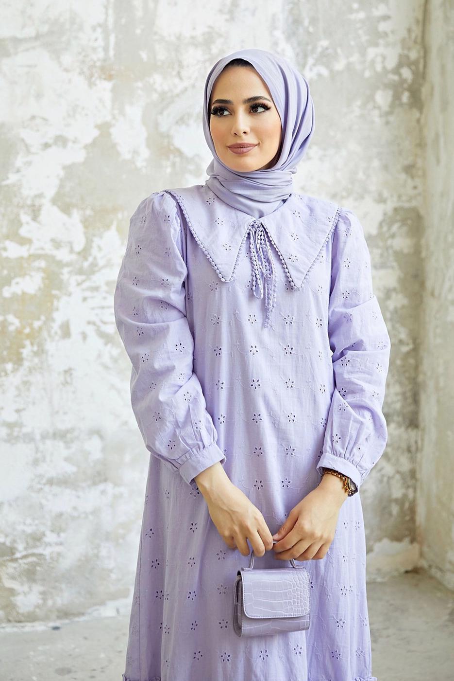 Hijab clothing PURPLE ROUND COLLAR DRESS 8900 