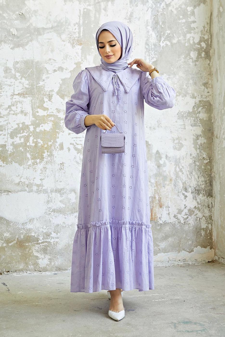 Hijab clothing PURPLE ROUND COLLAR DRESS 8900 