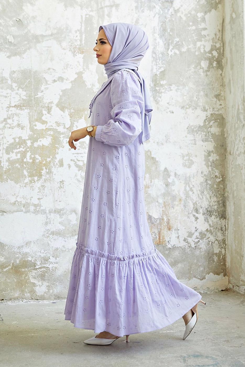 Hijab clothing PURPLE ROUND COLLAR DRESS 8900 