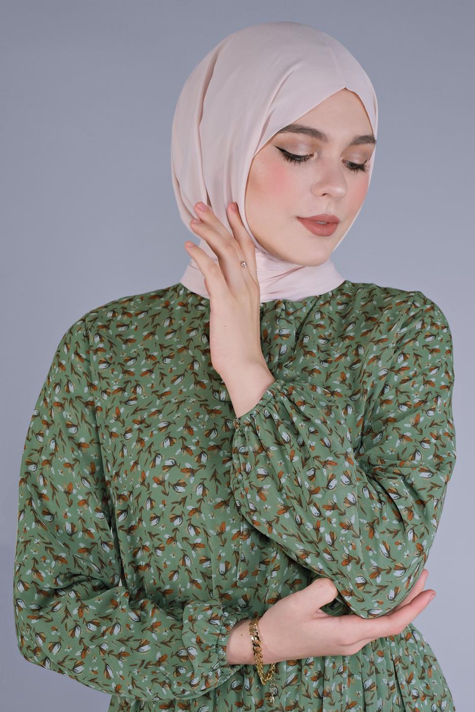 Tesettür giyim YEŞİL ÇİÇEK DESENLİ ŞİFON ELBİSE  9334 