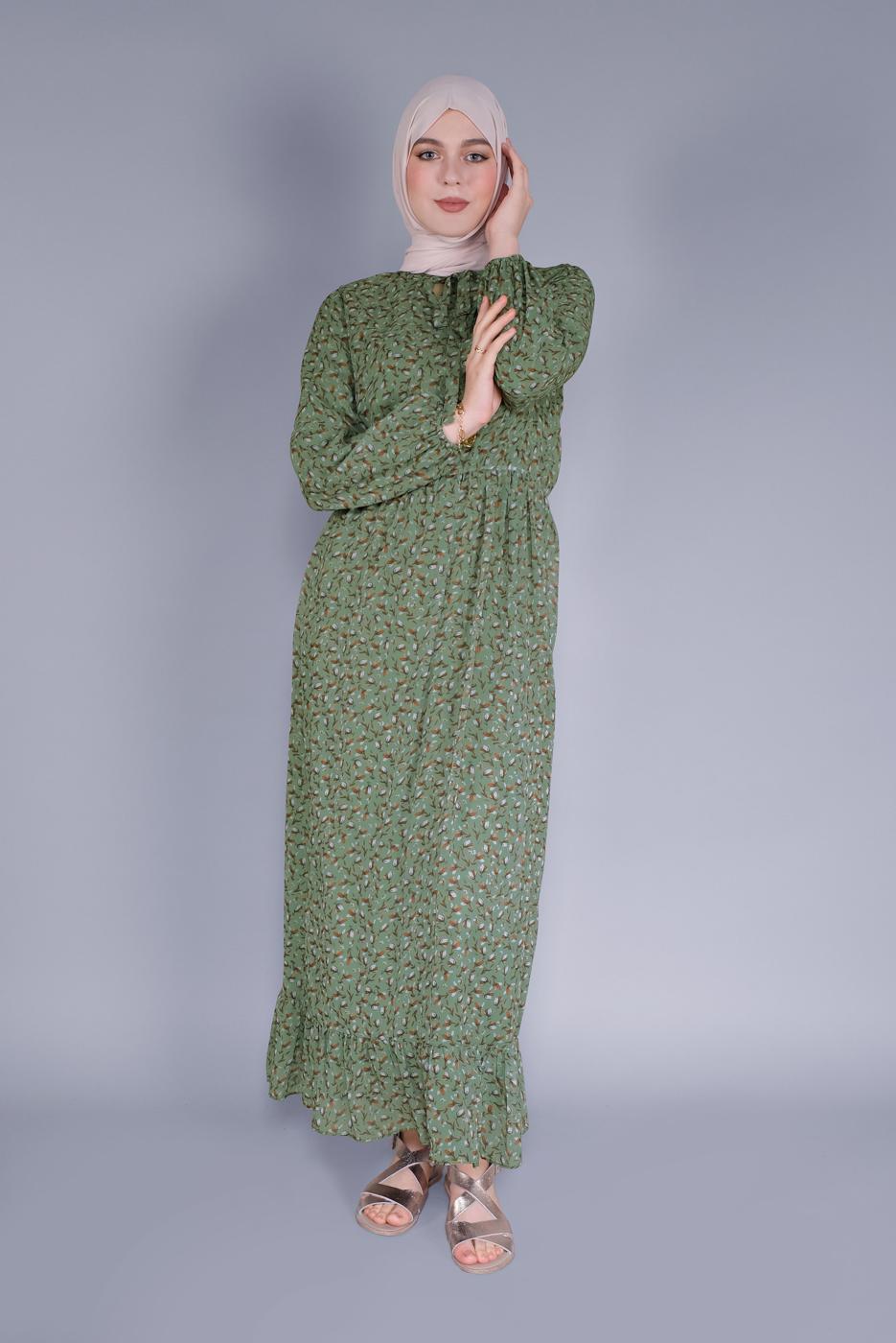 Tesettür giyim YEŞİL ÇİÇEK DESENLİ ŞİFON ELBİSE  9334 