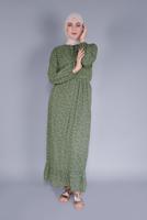 Tesettür giyim YEŞİL ÇİÇEK DESENLİ ŞİFON ELBİSE  9334 