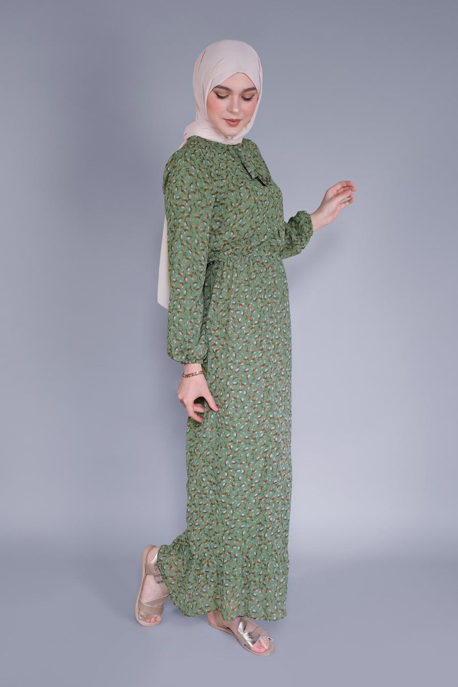 Tesettür giyim YEŞİL ÇİÇEK DESENLİ ŞİFON ELBİSE  9334 