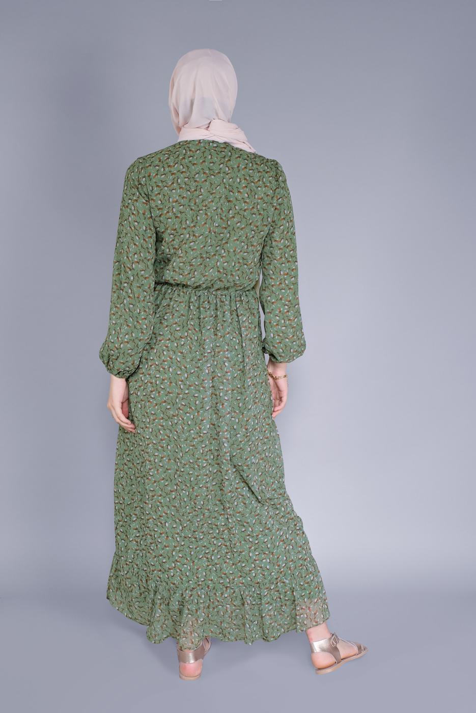 Tesettür giyim YEŞİL ÇİÇEK DESENLİ ŞİFON ELBİSE  9334 