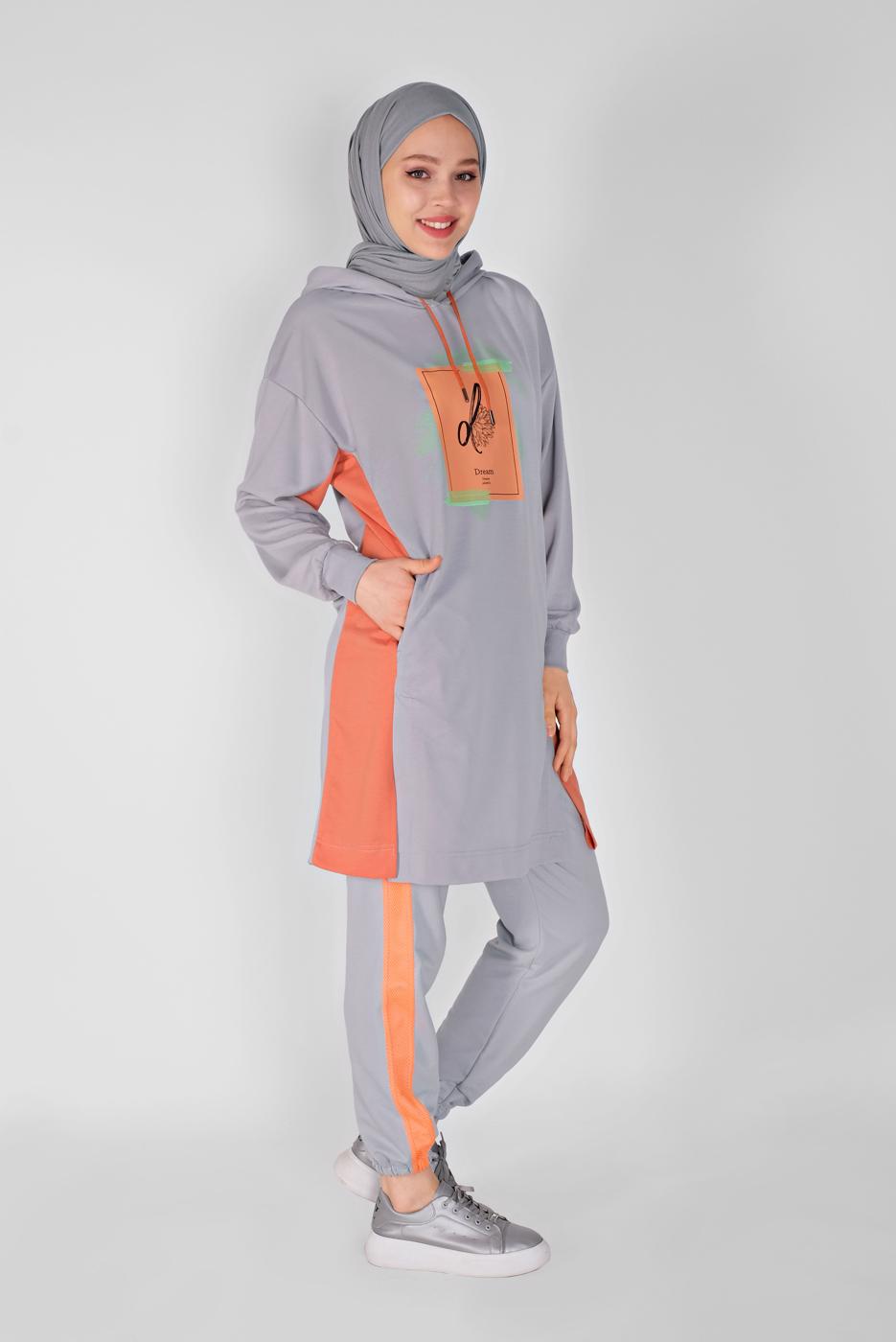 Tesettür giyim GRİ FİLELİ ŞERİT DETAYLI EŞOFMAN ALTI 51012 