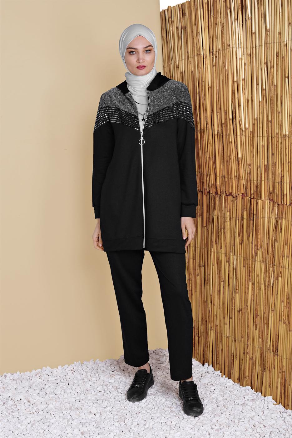 Tesettür giyim SİYAH PULLU  FERMUARLI EŞOFMAN TAKIM 0056  