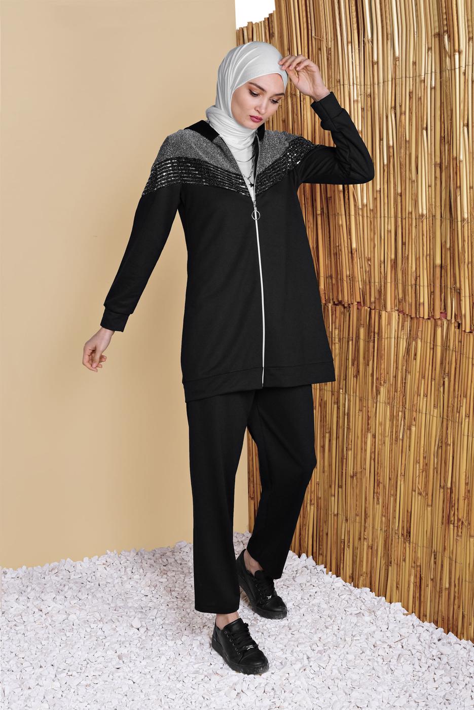 Tesettür giyim SİYAH PULLU  FERMUARLI EŞOFMAN TAKIM 0056  