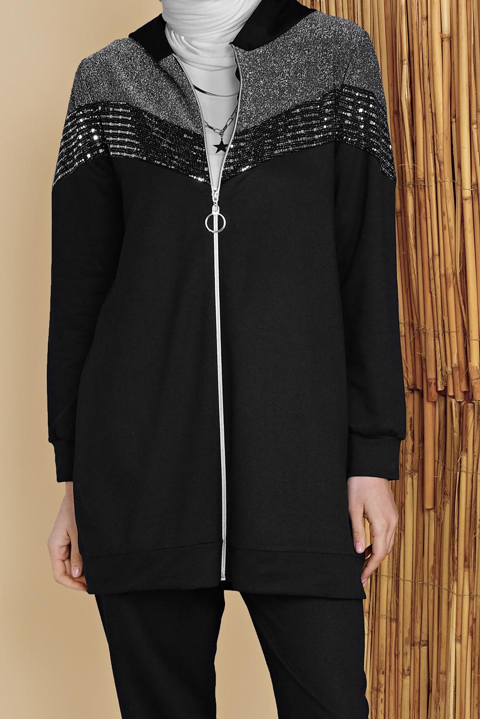 Tesettür giyim SİYAH PULLU  FERMUARLI EŞOFMAN TAKIM 0056  