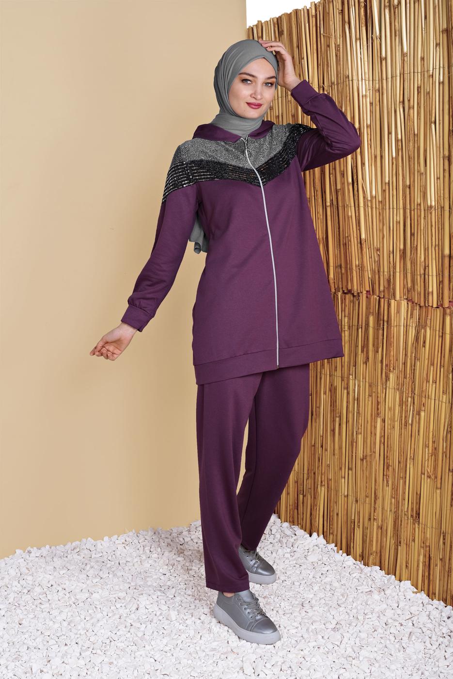 Tesettür giyim MOR PULLU  FERMUARLI EŞOFMAN TAKIM 0056  