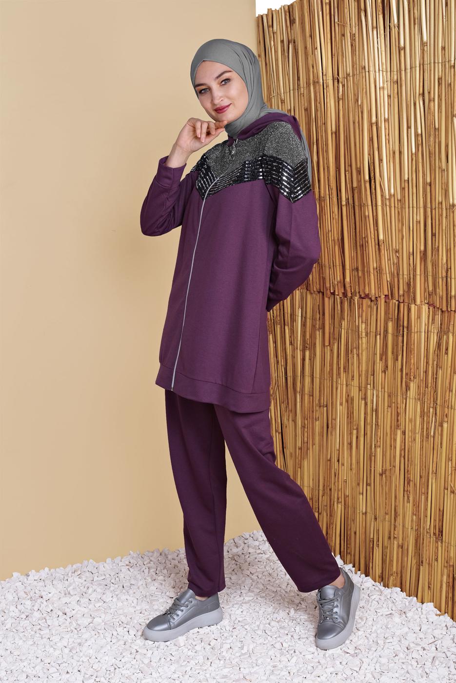 Tesettür giyim MOR PULLU  FERMUARLI EŞOFMAN TAKIM 0056  