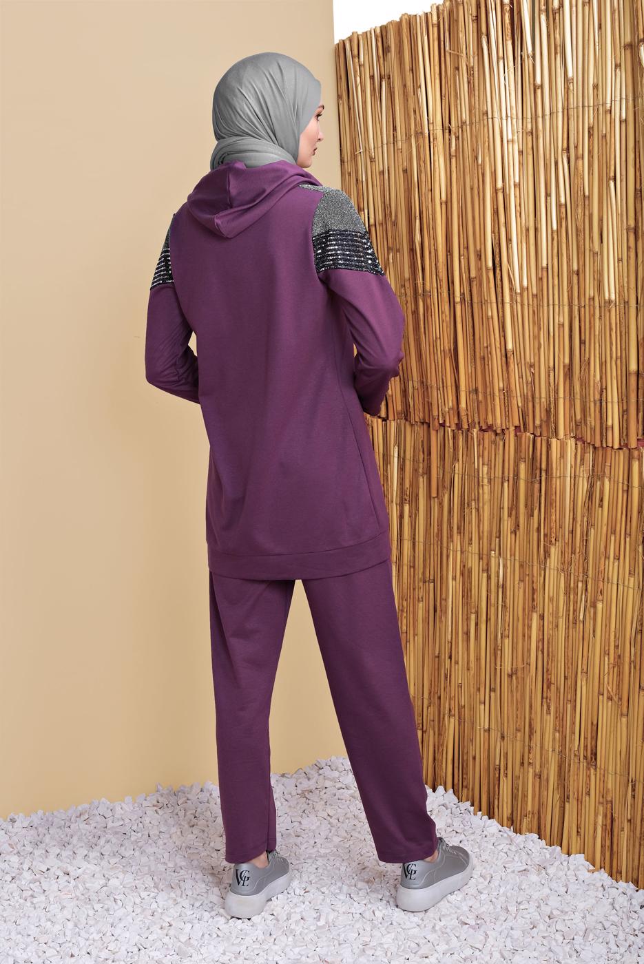 Tesettür giyim MOR PULLU  FERMUARLI EŞOFMAN TAKIM 0056  