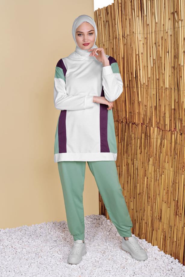 Hijab clothing ECRU STRIP DETAIL TRACKSUIT SET 0256  - TRENDTESETTÜR