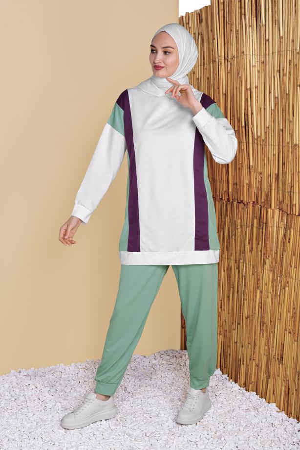 Hijab clothing ECRU STRIP DETAIL TRACKSUIT SET 0256  - TRENDTESETTÜR