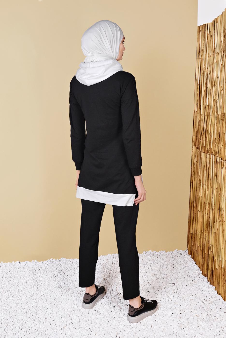 Tesettür giyim SİYAH KAPÜŞONLU PARÇA DETAYLI İKİLİ PANTOLONLU EŞOFMAN TAKIMI 0555