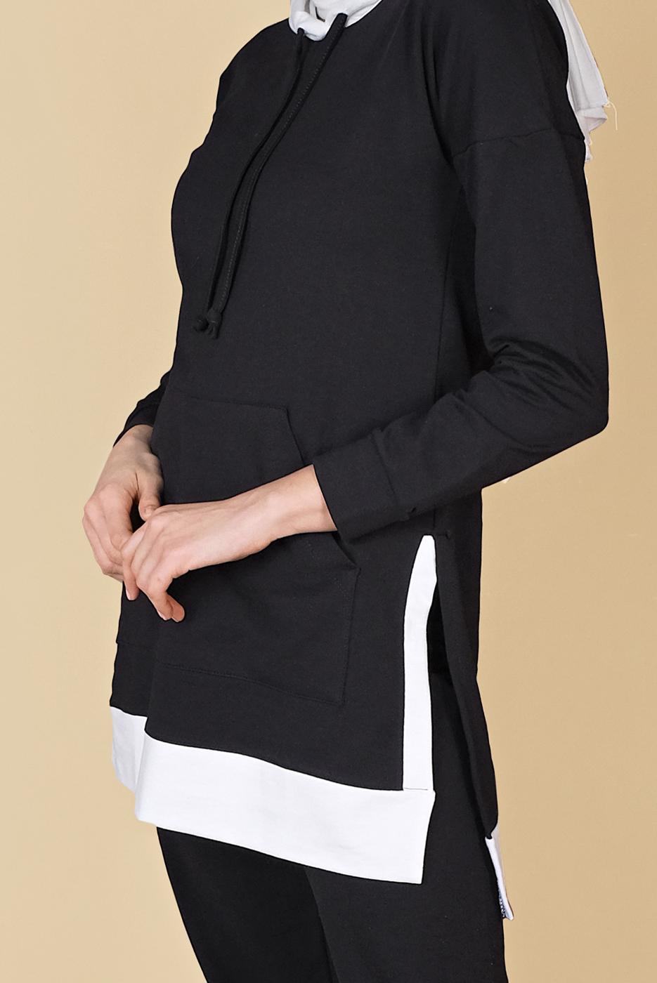 Tesettür giyim SİYAH KAPÜŞONLU PARÇA DETAYLI İKİLİ PANTOLONLU EŞOFMAN TAKIMI 0555