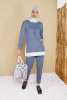 Tesettür giyim MAVİ KAPÜŞONLU PARÇA DETAYLI İKİLİ PANTOLONLU EŞOFMAN TAKIMI 0555