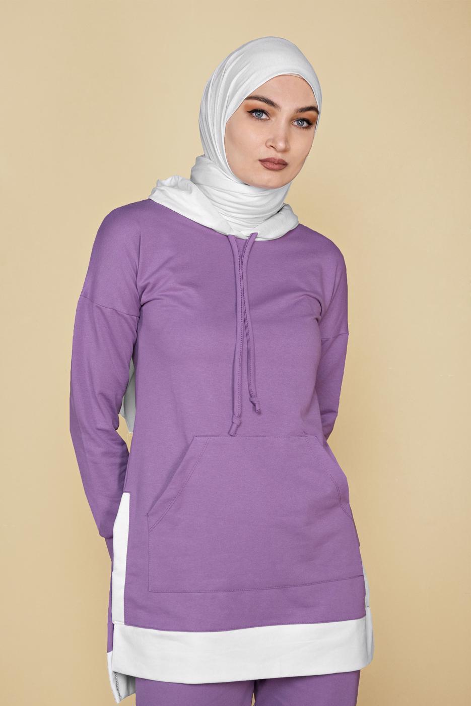 Tesettür giyim MOR KAPÜŞONLU PARÇA DETAYLI İKİLİ PANTOLONLU EŞOFMAN TAKIMI 0555