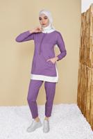Tesettür giyim MOR KAPÜŞONLU PARÇA DETAYLI İKİLİ PANTOLONLU EŞOFMAN TAKIMI 0555