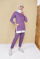 Tesettür giyim MOR KAPÜŞONLU PARÇA DETAYLI İKİLİ PANTOLONLU EŞOFMAN TAKIMI 0555