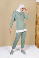 Tesettür giyim YEŞİL KAPÜŞONLU PARÇA DETAYLI İKİLİ PANTOLONLU EŞOFMAN TAKIMI 0555