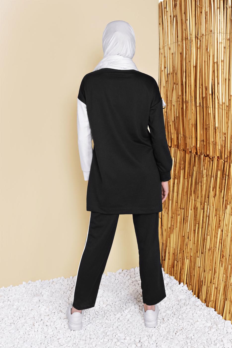 Tesettür giyim SİYAH YAZI BASKILI İKİLİ PANTOLONLU EŞOFMAN TAKIMI 2056