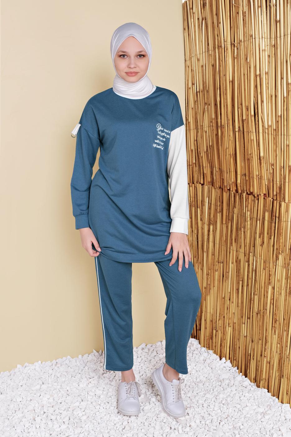 Tesettür giyim LACİVERT YAZI BASKILI İKİLİ PANTOLONLU EŞOFMAN TAKIMI 2056