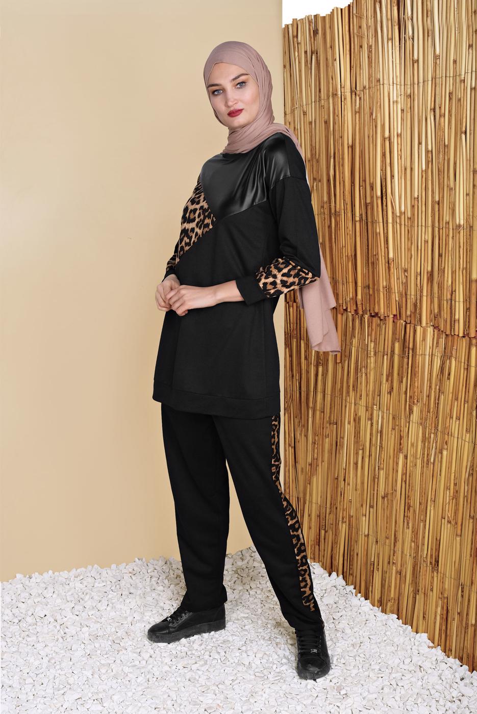 Tesettür giyim SİYAH LEOPAR VE DERİ DETAYLI EŞOFMAN TAKIMI 2156 