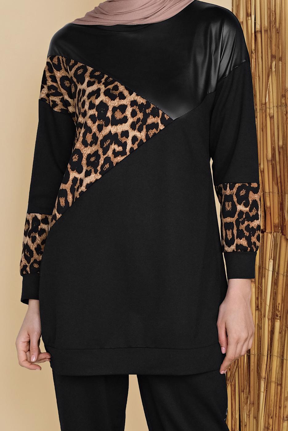 Tesettür giyim SİYAH LEOPAR VE DERİ DETAYLI EŞOFMAN TAKIMI 2156 