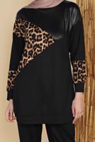 Tesettür giyim SİYAH LEOPAR VE DERİ DETAYLI EŞOFMAN TAKIMI 2156 