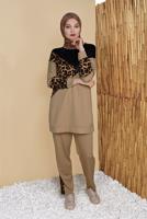 Tesettür giyim KAHVE LEOPAR VE DERİ DETAYLI EŞOFMAN TAKIMI 2156 