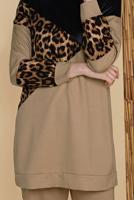 Tesettür giyim KAHVE LEOPAR VE DERİ DETAYLI EŞOFMAN TAKIMI 2156 