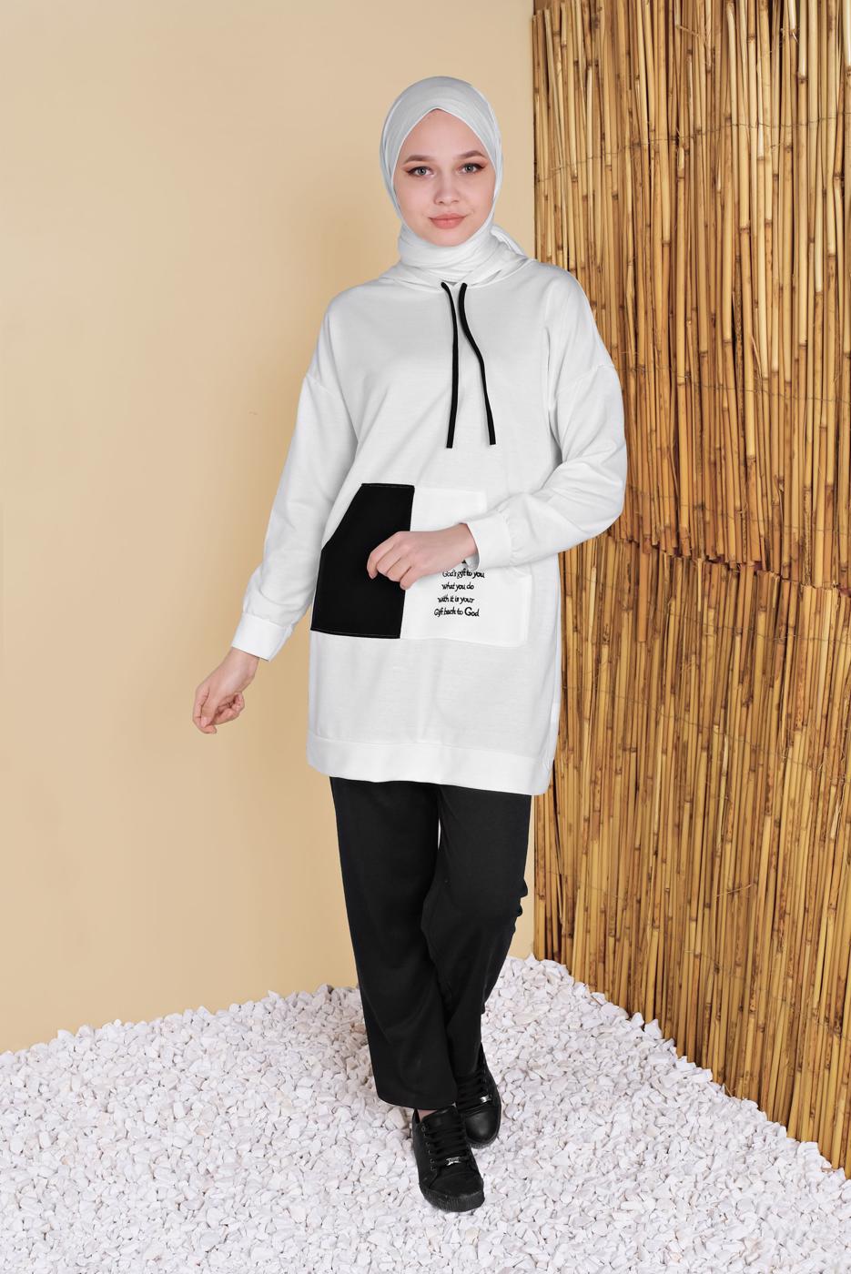 Tesettür giyim KREM CEPLİ İKİ RENK PANTOLONLU EŞOFMAN TAKIM  2256  