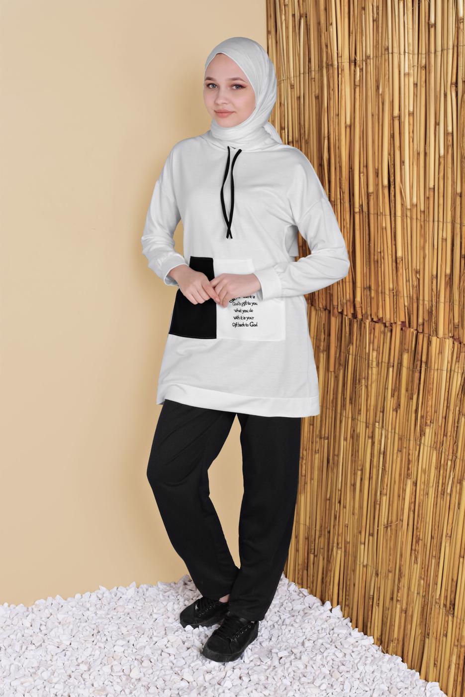 Tesettür giyim KREM CEPLİ İKİ RENK PANTOLONLU EŞOFMAN TAKIM  2256  