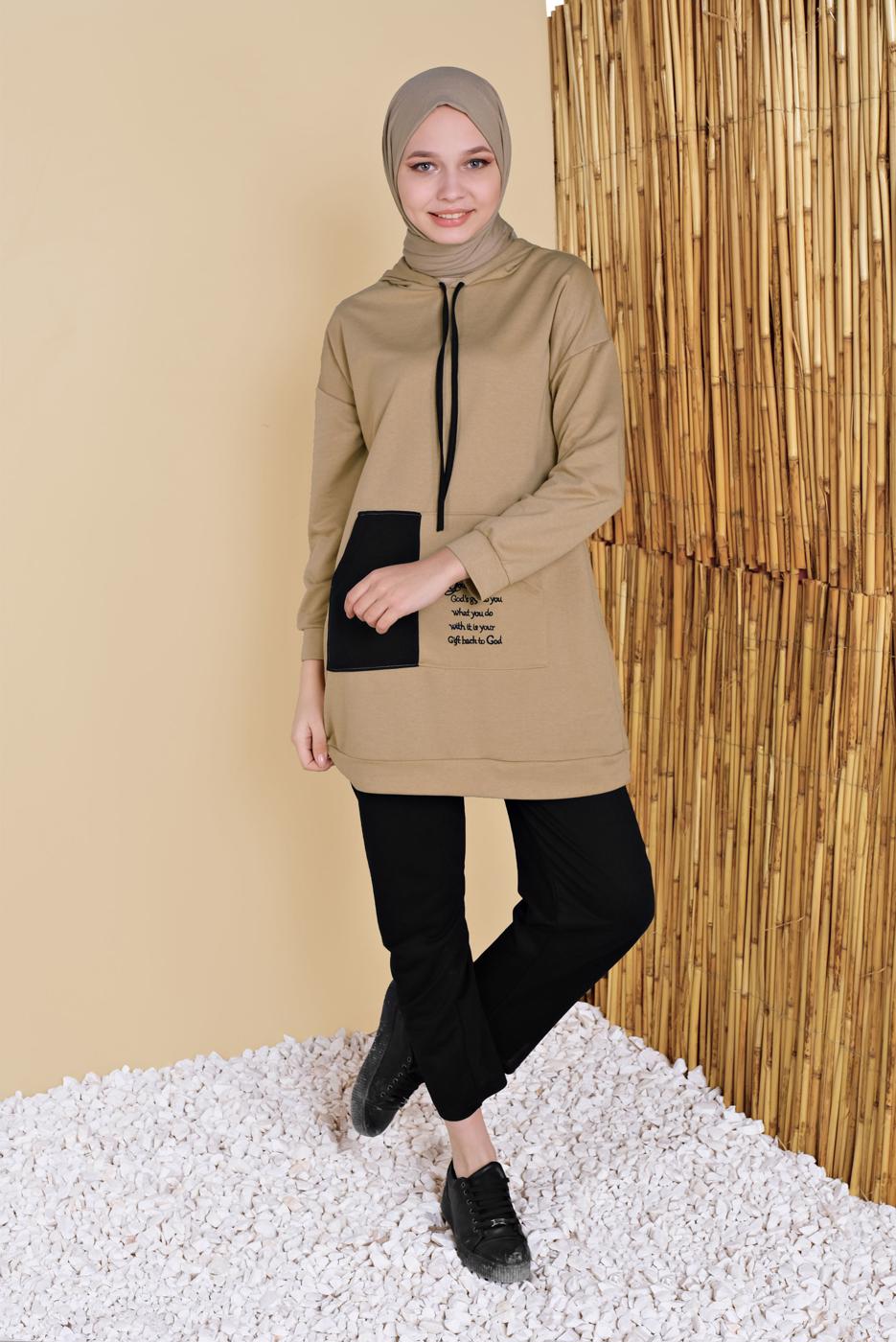 Tesettür giyim KAHVE CEPLİ İKİ RENK PANTOLONLU EŞOFMAN TAKIM  2256  