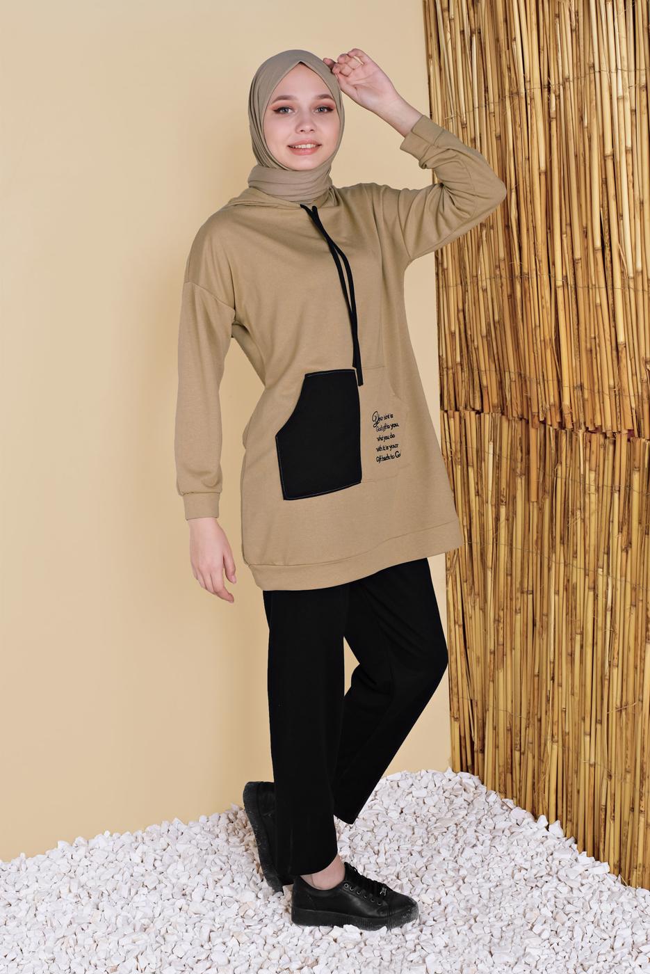 Tesettür giyim KAHVE CEPLİ İKİ RENK PANTOLONLU EŞOFMAN TAKIM  2256  