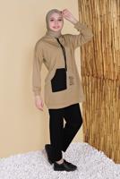 Tesettür giyim KAHVE CEPLİ İKİ RENK PANTOLONLU EŞOFMAN TAKIM  2256  