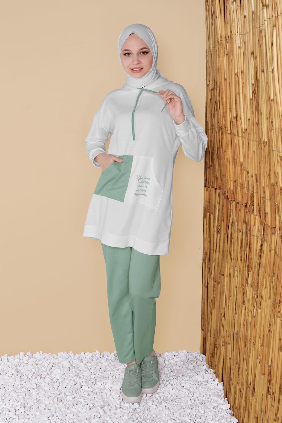 Tesettür giyim KREM CEPLİ İKİ RENK PANTOLONLU EŞOFMAN TAKIM  2256  