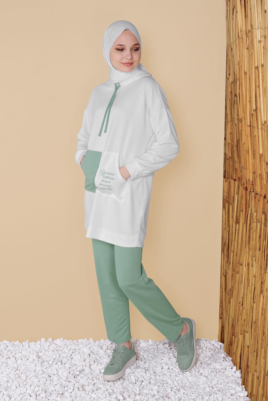 Tesettür giyim KREM CEPLİ İKİ RENK PANTOLONLU EŞOFMAN TAKIM  2256  