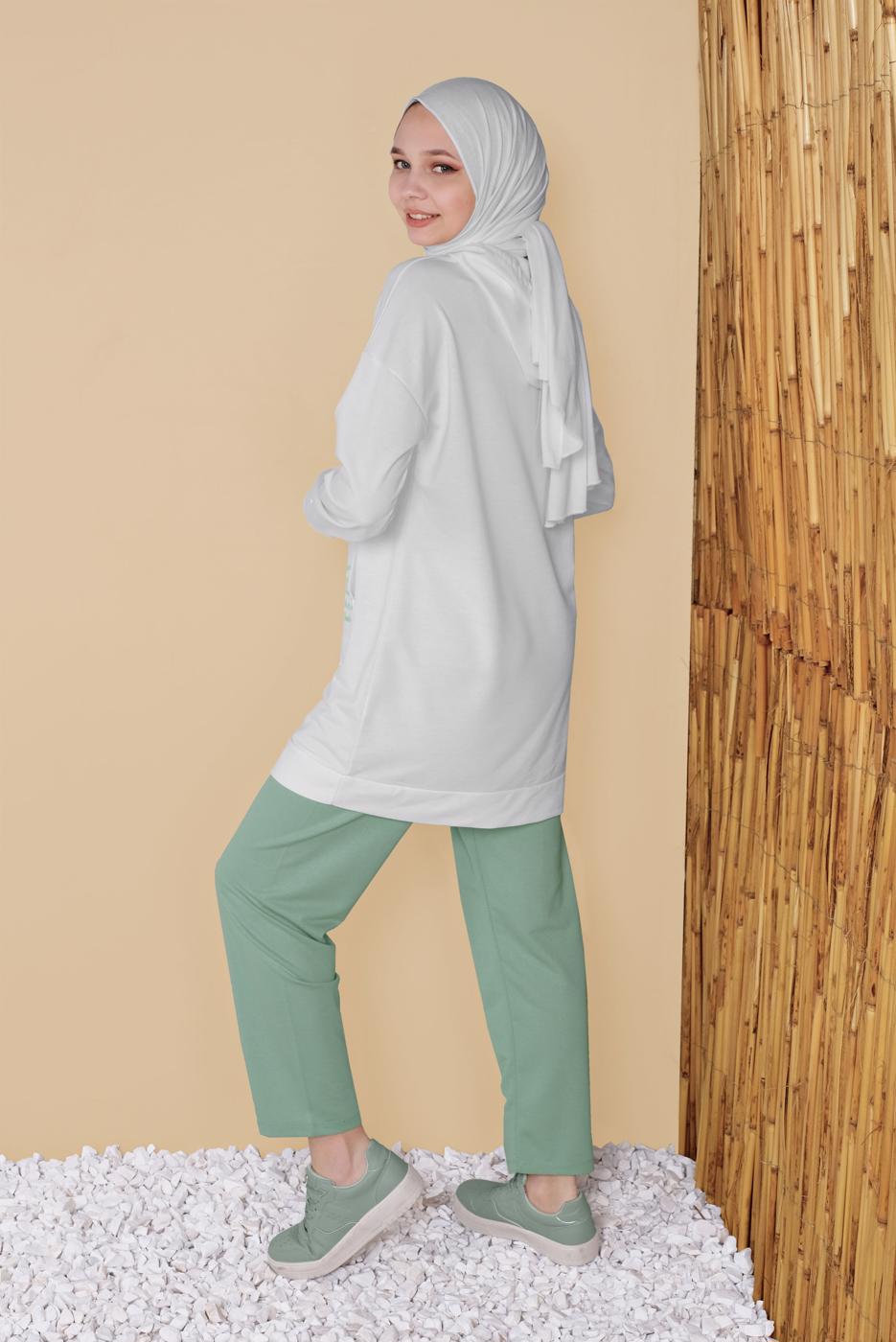 Tesettür giyim KREM CEPLİ İKİ RENK PANTOLONLU EŞOFMAN TAKIM  2256  