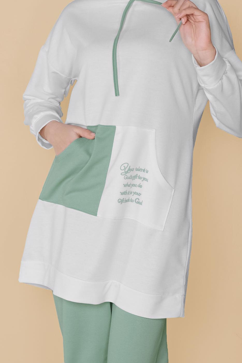 Tesettür giyim KREM CEPLİ İKİ RENK PANTOLONLU EŞOFMAN TAKIM  2256  