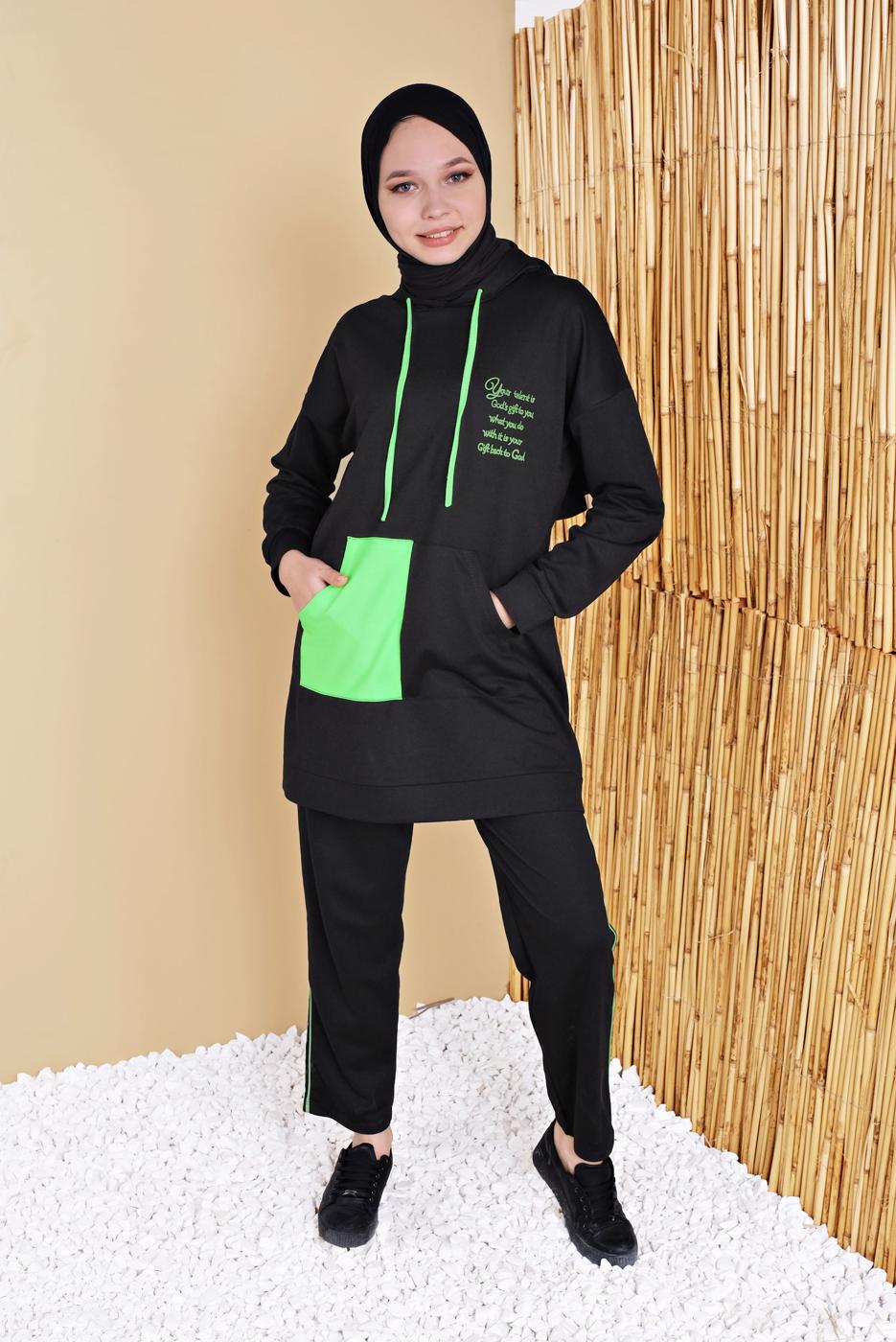 Hijab clothing BLACK 2-COLOR 2-PIECE TRACKSUIT SET WITH PANTS 3256  