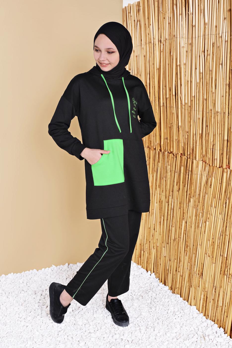 Hijab clothing BLACK 2-COLOR 2-PIECE TRACKSUIT SET WITH PANTS 3256  